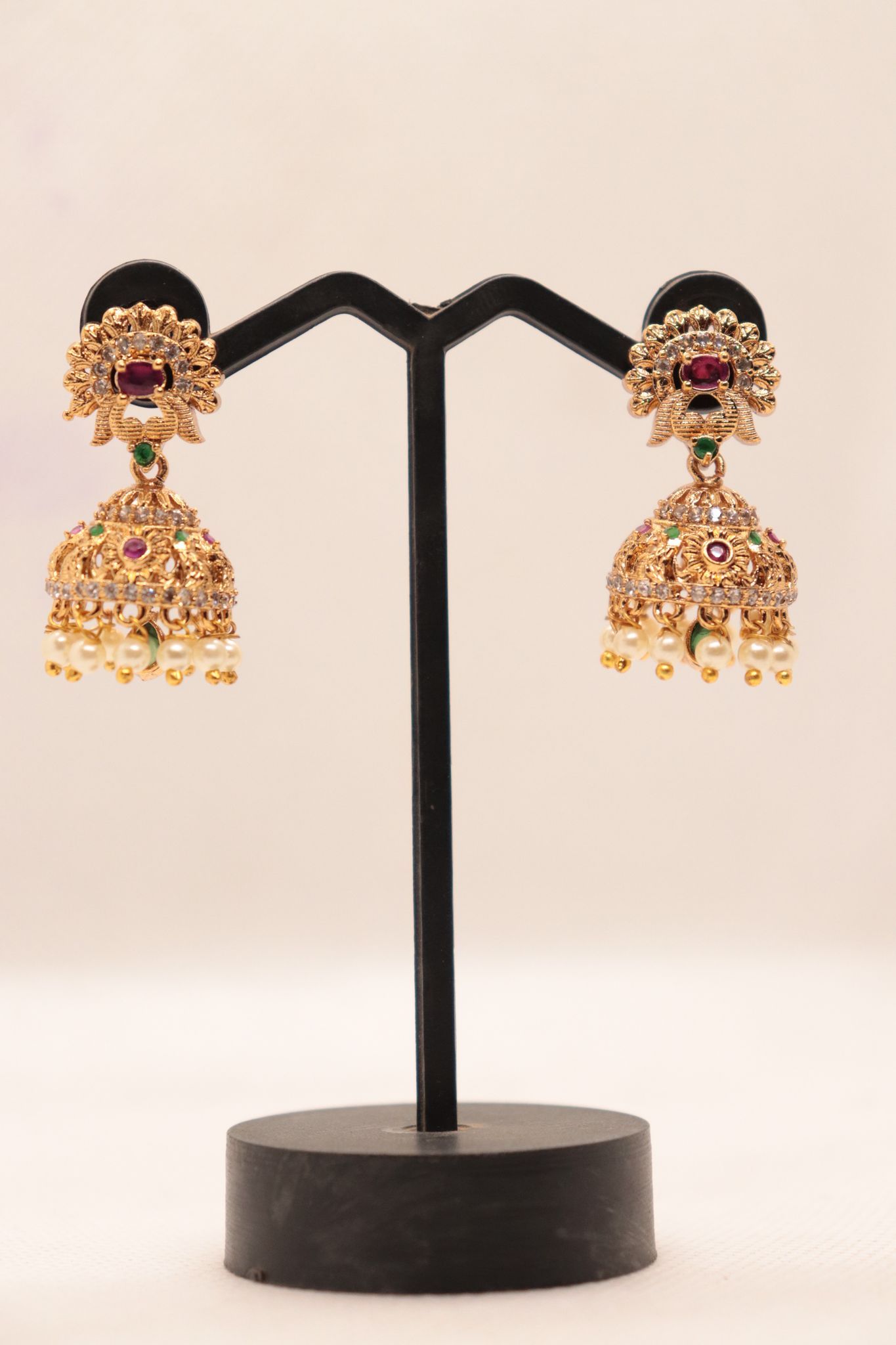 Jhumka Earrings with Ruby and Pearl for Women