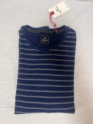 Striped Long Sleeve Waffle Knit Thermal Henley Shirt in Navy Blue