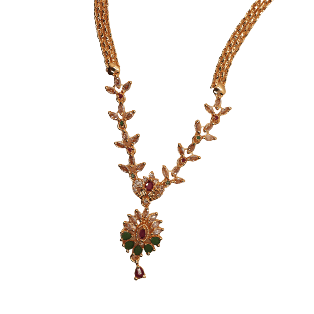 Gold plated traditional Indian necklace haram with white and green stones