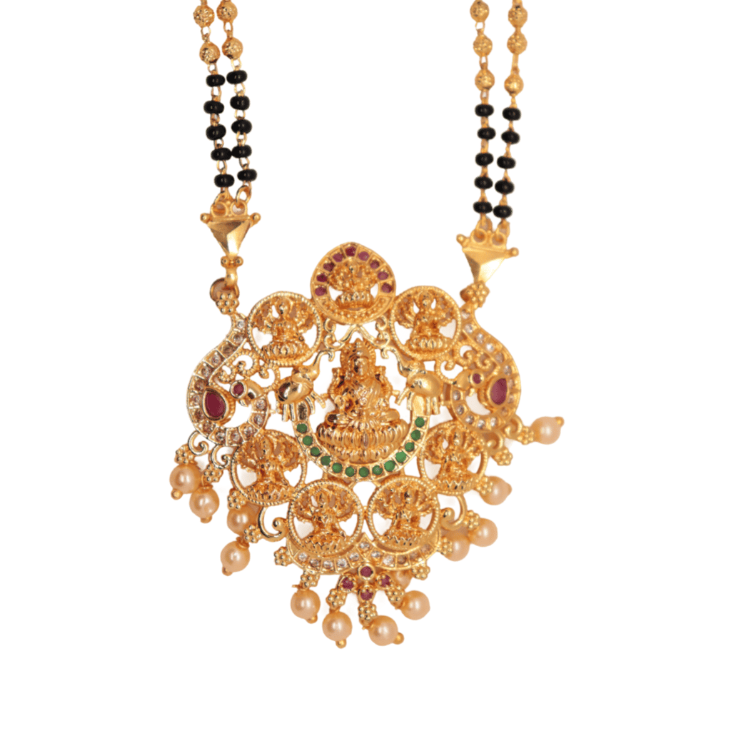 Gold-plated, intricate goddess pendant with black beads chain for women