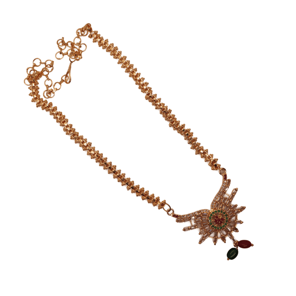 Gold plated traditional Indian necklace haram with white and green stones
