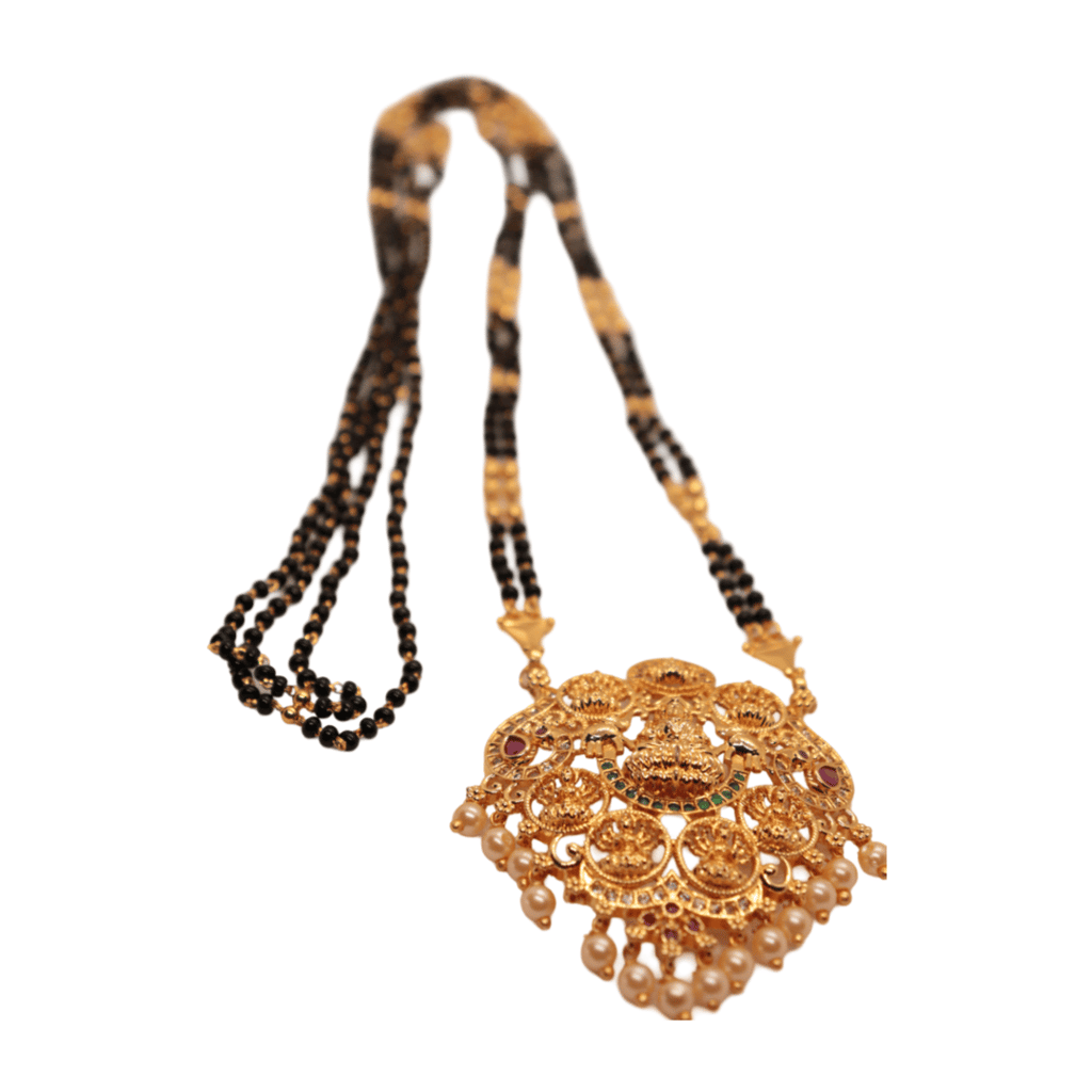 Gold-plated, intricate goddess pendant with black beads chain for women