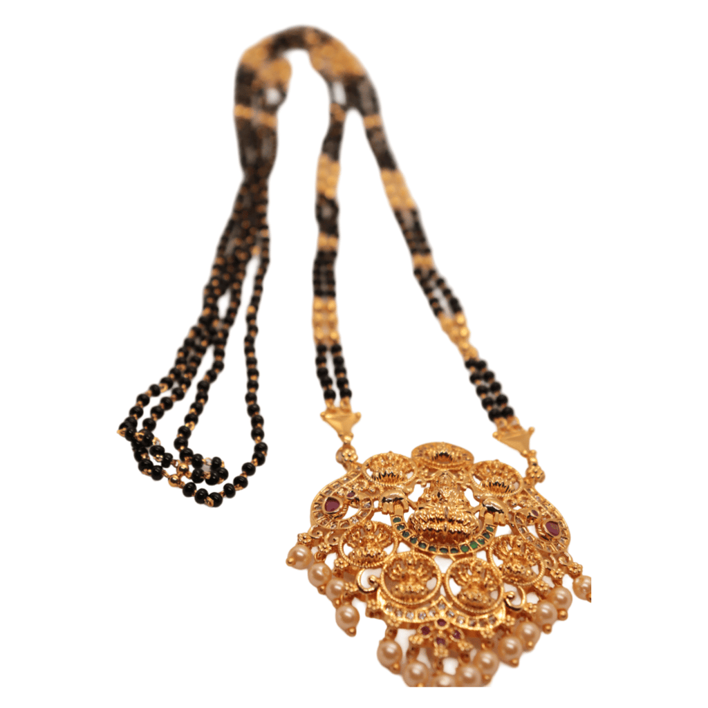 Gold-plated, intricate goddess pendant with black beads chain for women