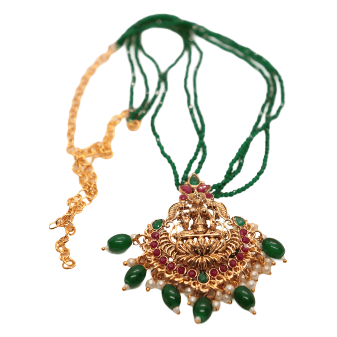 Gold-plated traditional Indian temple pendant necklace set with green beads and pearls