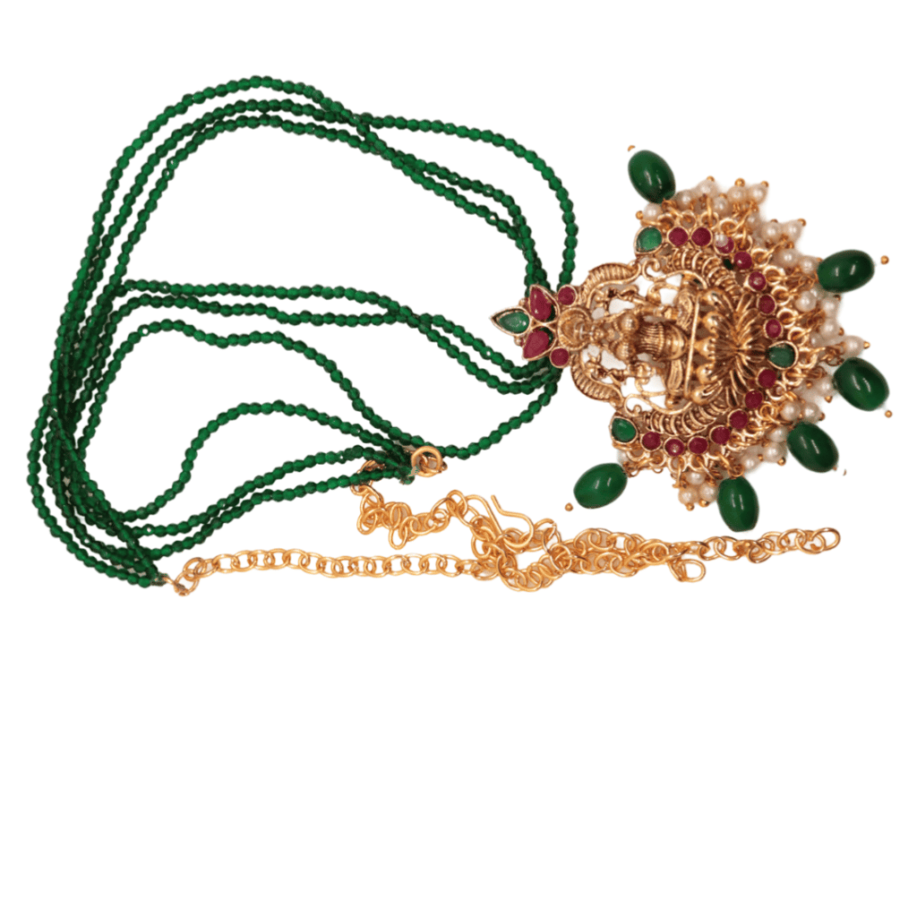 Gold-plated traditional Indian temple pendant necklace set with green beads and pearls