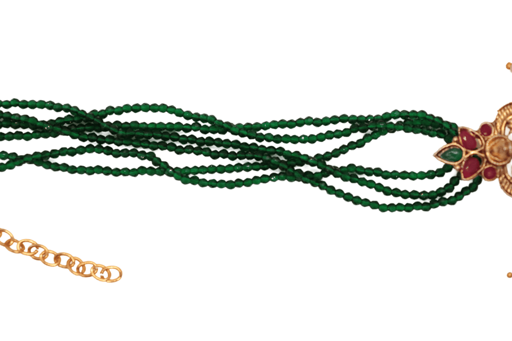 Gold-plated traditional Indian temple pendant necklace set with green beads and pearls