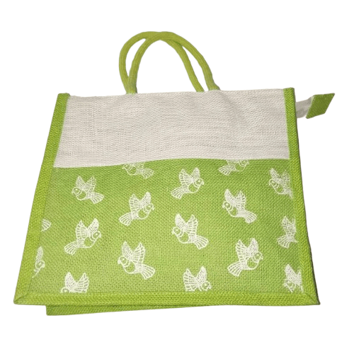 Jute Tote Bag with Green Bird Print