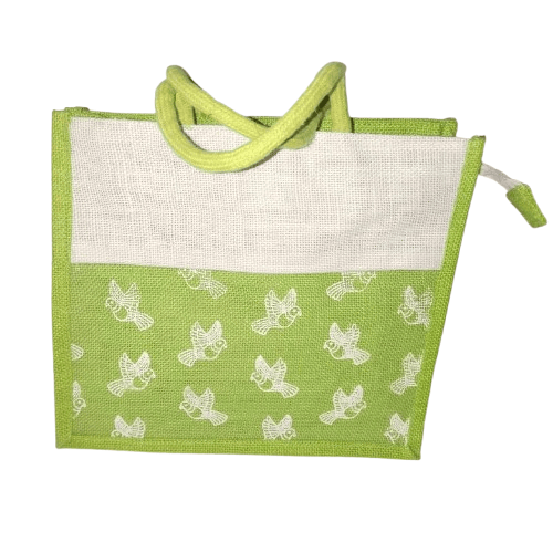 Jute Tote Bag with Green Bird Print