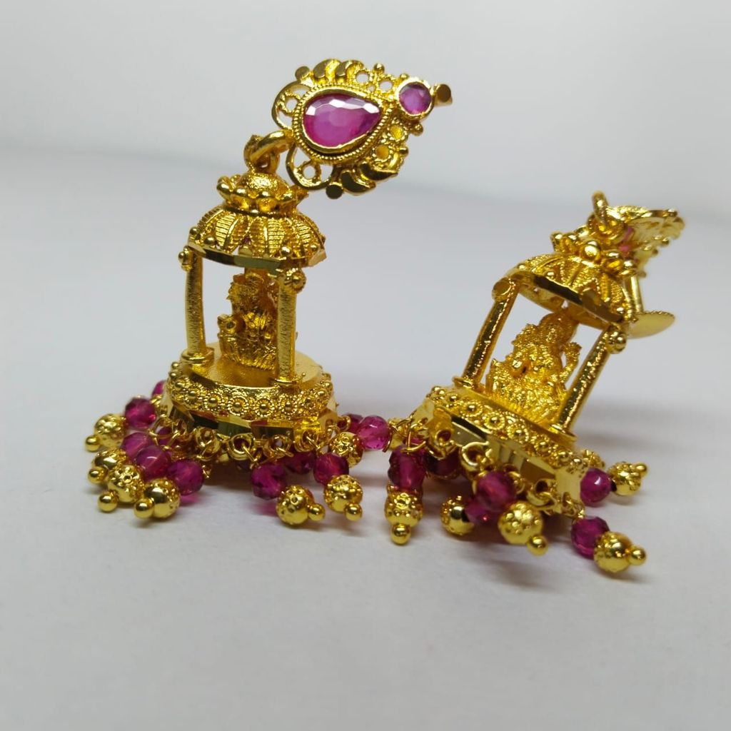 Gold Temple Jhumka Earrings with Pink Stones