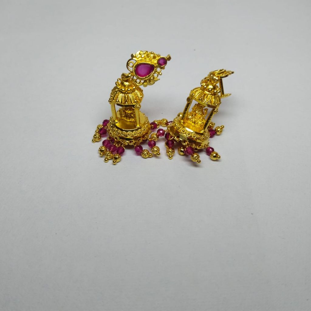 Gold Temple Jhumka Earrings with Pink Stones