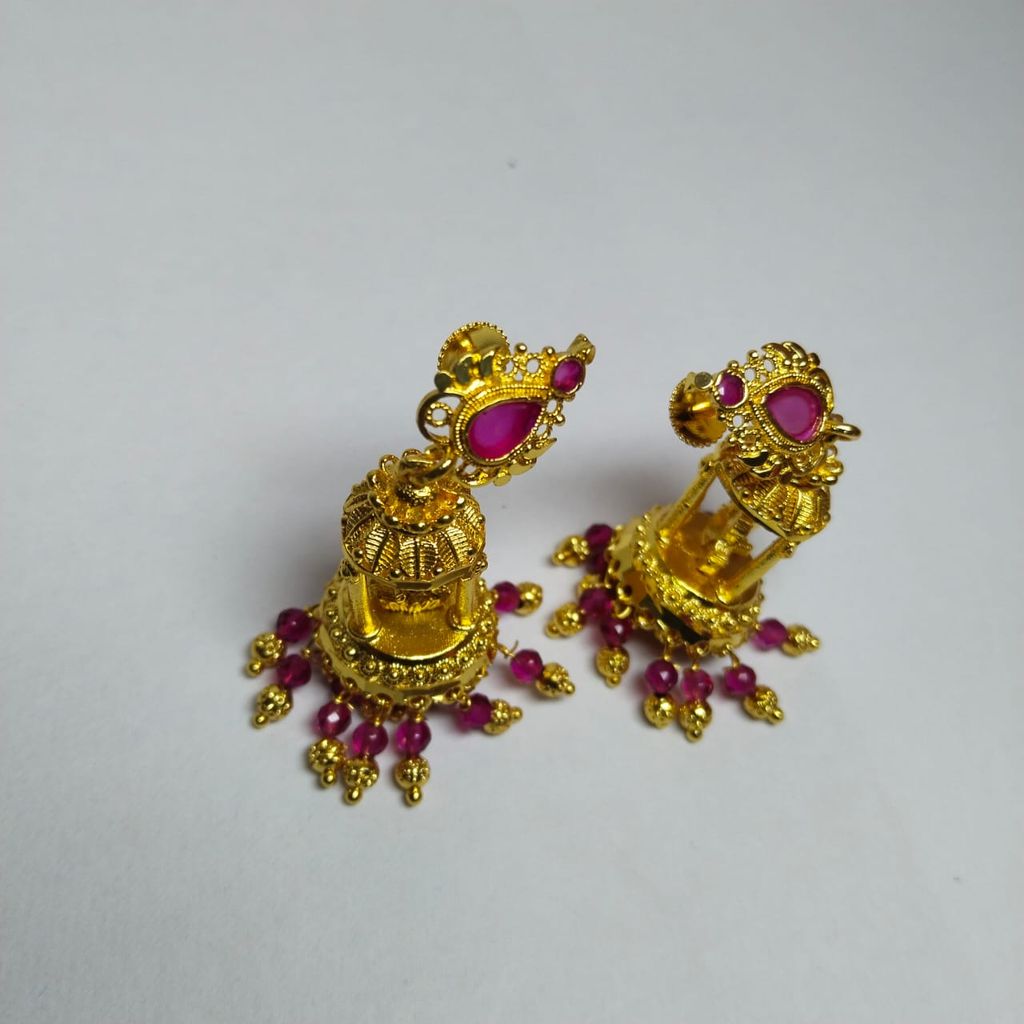 Gold Temple Jhumka Earrings with Pink Stones