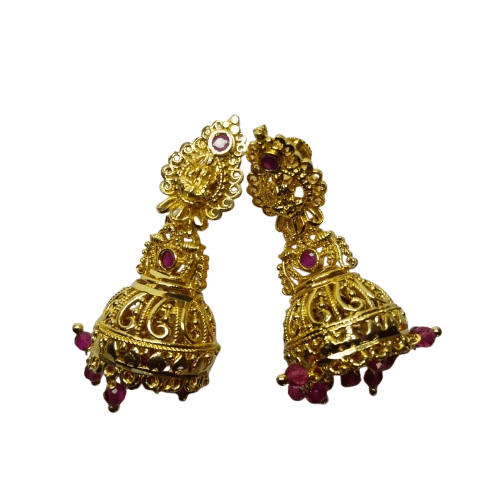 Gold Plated Filigree Bell Earrings with Pink Stones