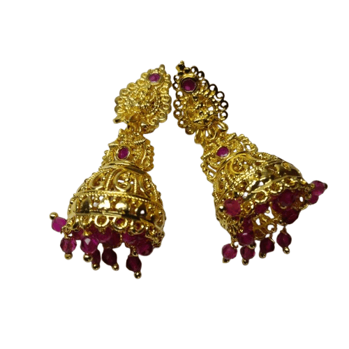 Gold Plated Filigree Bell Earrings with Pink Stones