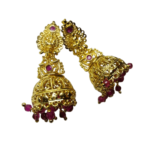 Gold Plated Filigree Bell Earrings with Pink Stones