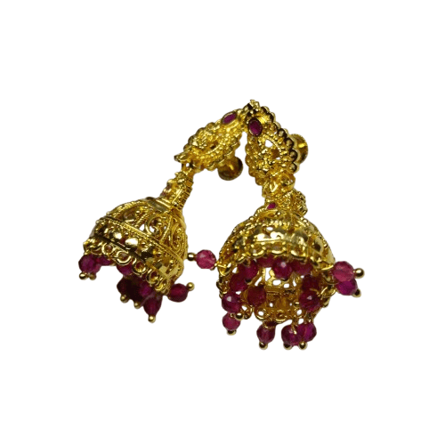 Gold Plated Filigree Bell Earrings with Pink Stones