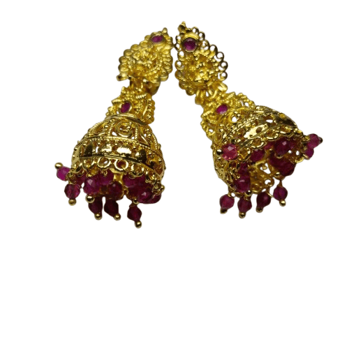 Gold Plated Filigree Bell Earrings with Pink Stones
