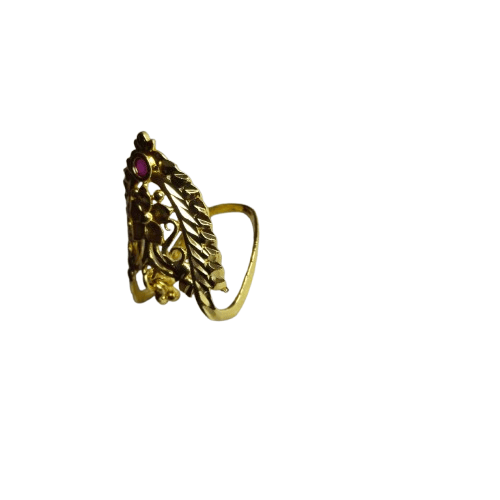 Traditional Gold Plated Leaf Design Finger Ring With Ruby Stone