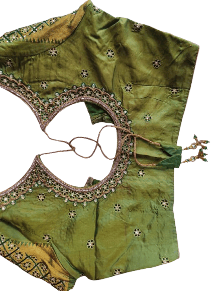 Green Silk Saree Blouse with Zari and Stone Embroidery