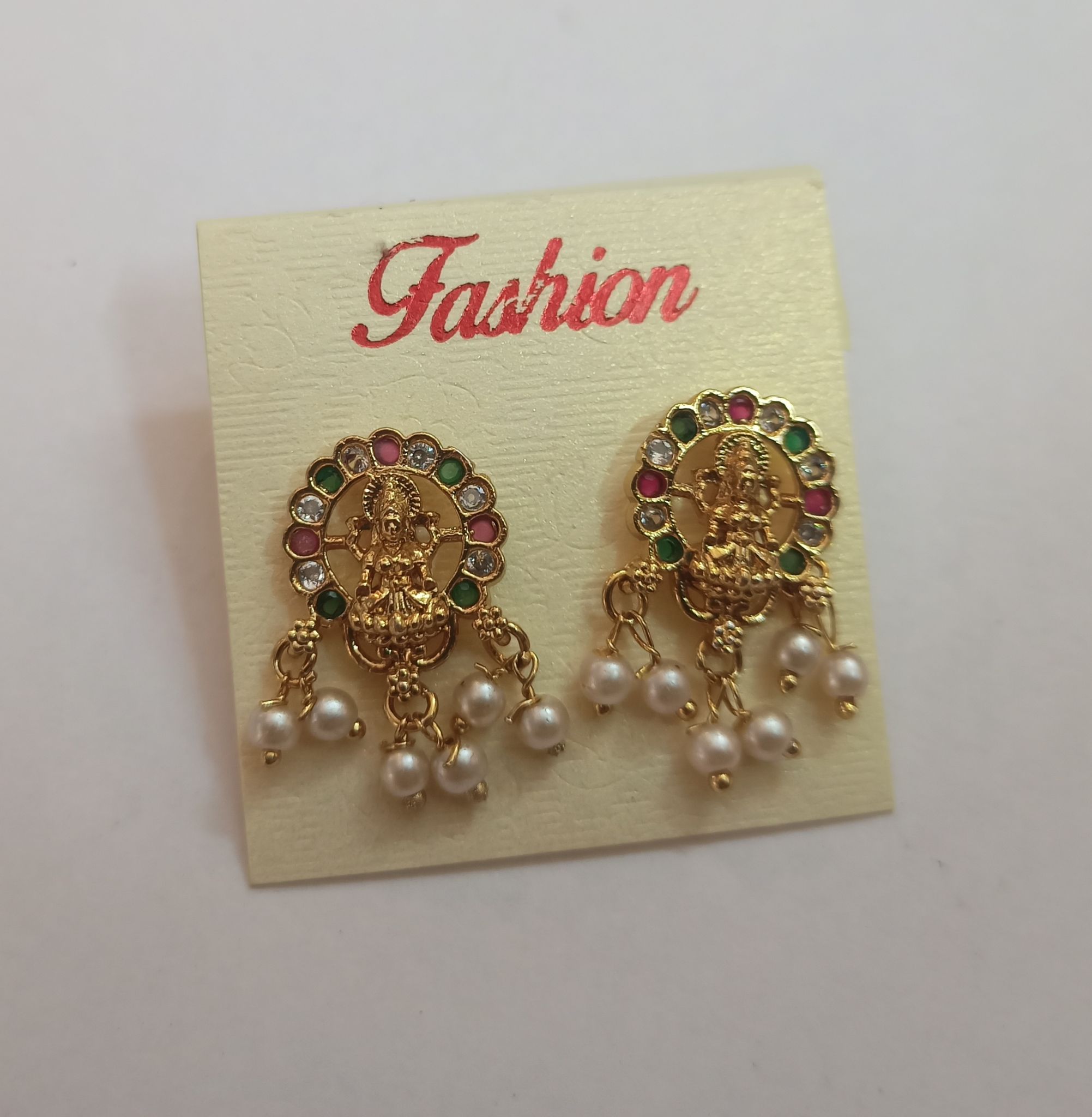 14k Gold Plated Goddess Lakshmi Pearl Drop Earrings