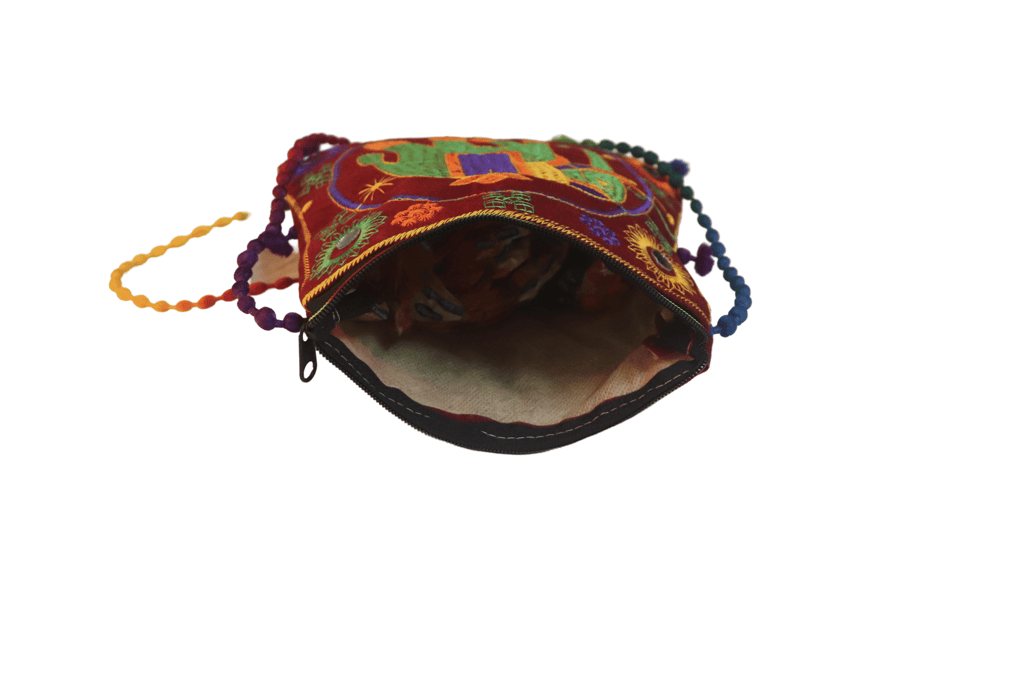 Embroidered Elephant Crossbody Bag with Pom Poms