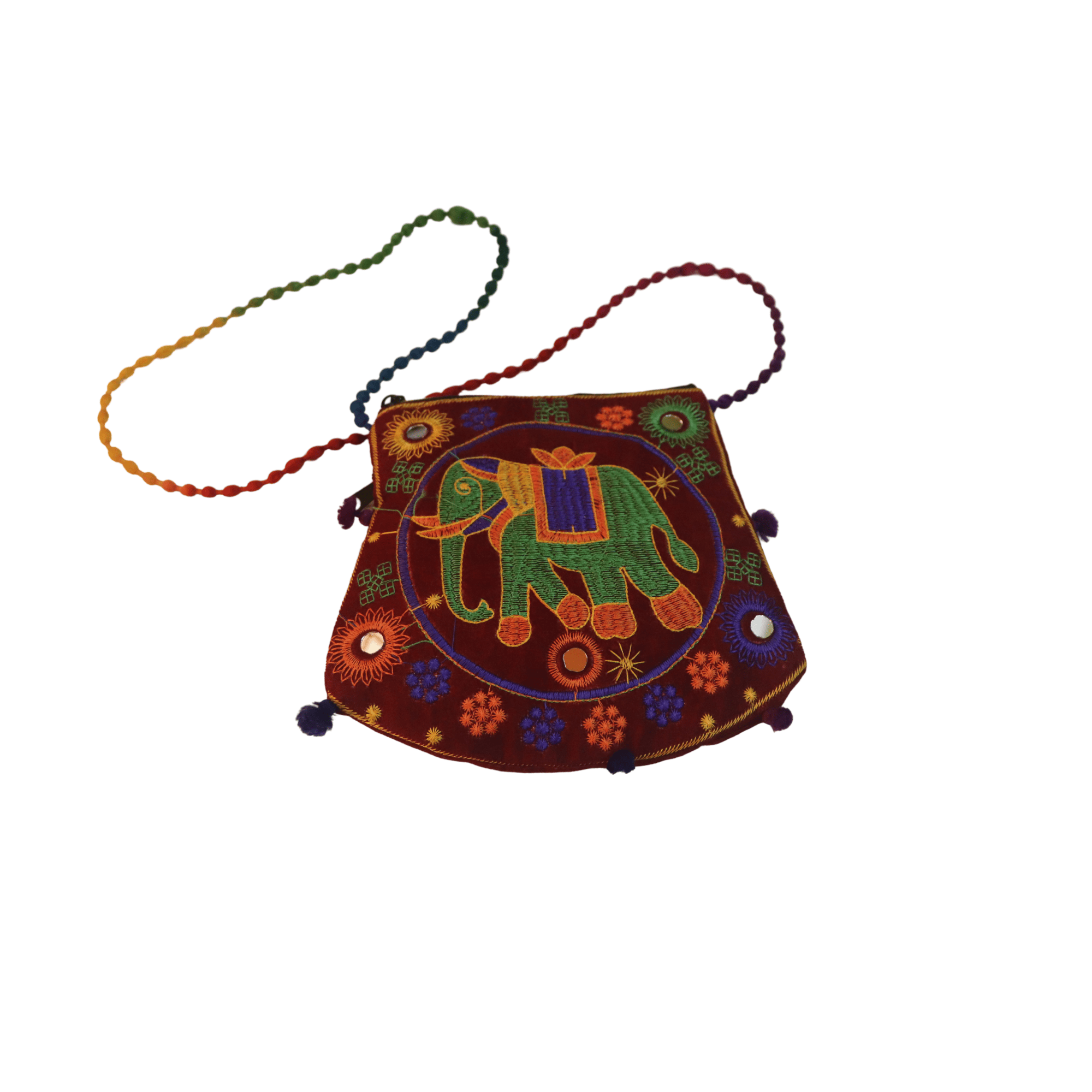 Embroidered Elephant Crossbody Bag with Pom Poms