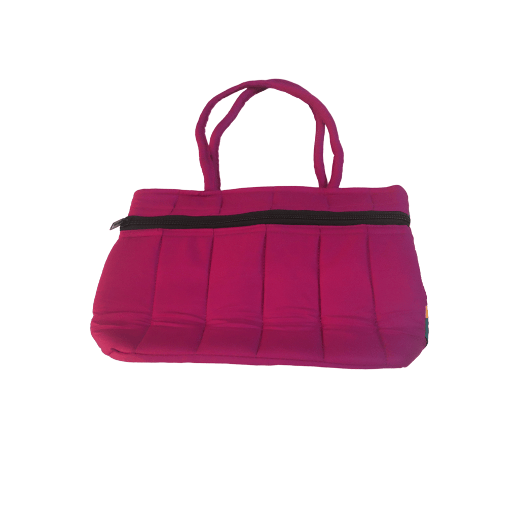 Small Pink Handbag with Green Trim and Pearl Accents