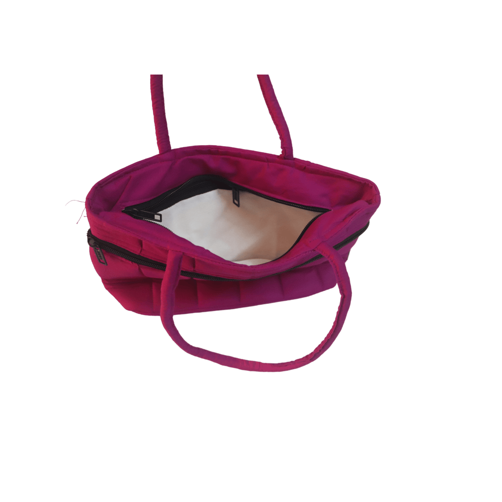 Small Pink Handbag with Green Trim and Pearl Accents