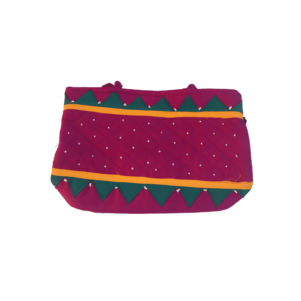 Small Pink Handbag with Green Trim and Pearl Accents