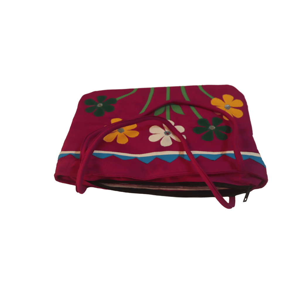 Pink Hand Embroidered Floral Cotton Tote Bag with Blue Trim