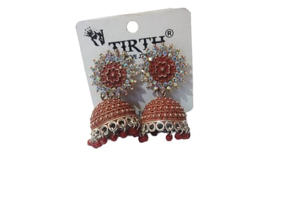 oxidized silver jhumka earrings with red stone and pearl drops oxidized silver jhumka earrings with red stone and pearl drops