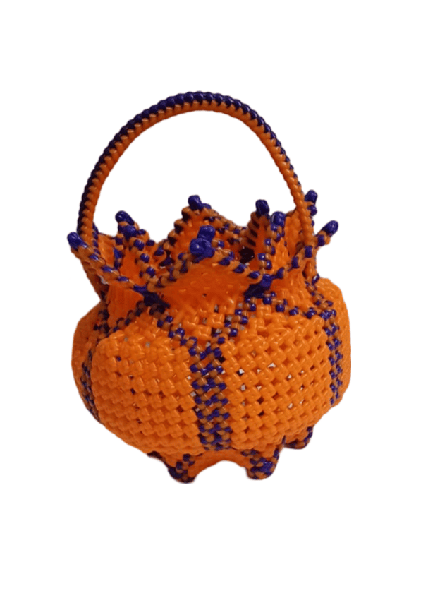 Handmade Orange and Blue Beaded Basket with Handle