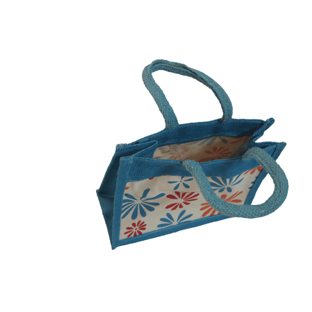 Small Blue Jute Bag with Colorful Floral Print