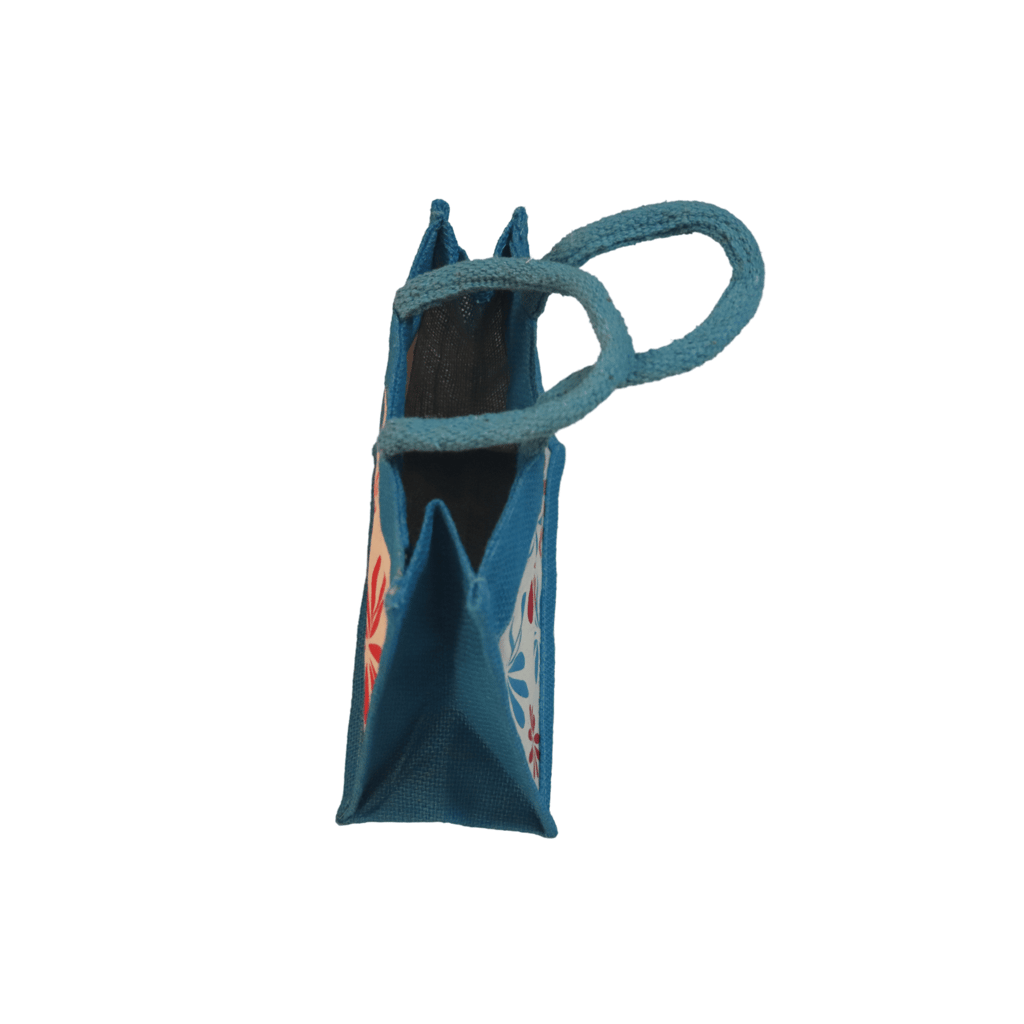 Small Blue Jute Bag with Colorful Floral Print