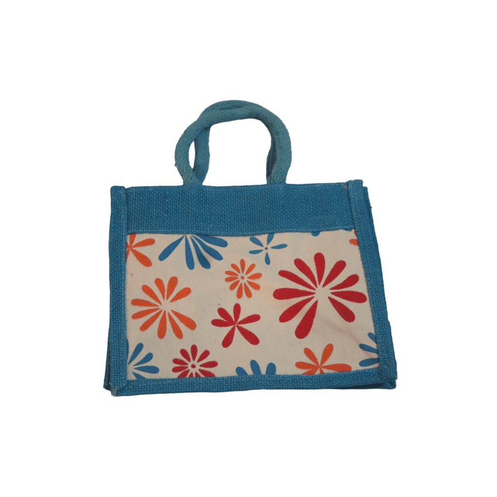 Small Blue Jute Bag with Colorful Floral Print