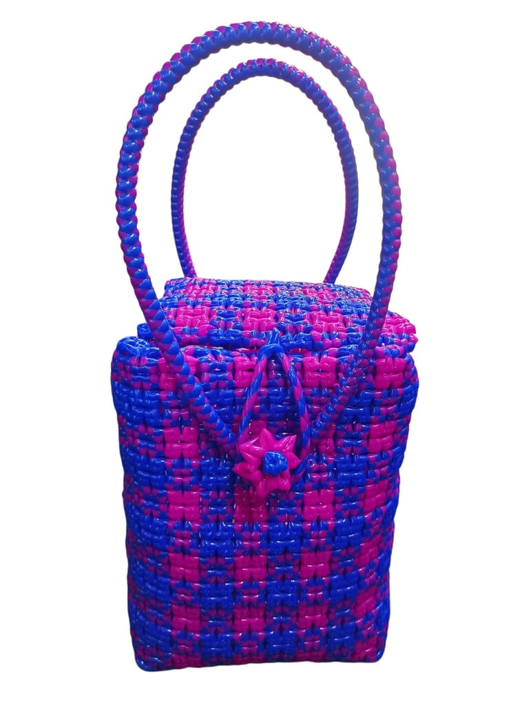 Handwoven Purple and Blue Plastic Basket Bag with Double Handles - Handbags | Buy online on ZillyBuy