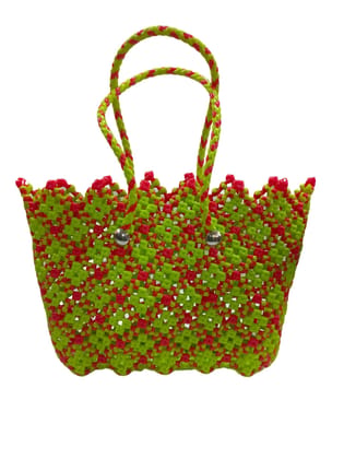 Green and Pink Handbag with Beaded Strap Green and Pink Handbag with Beaded Strap