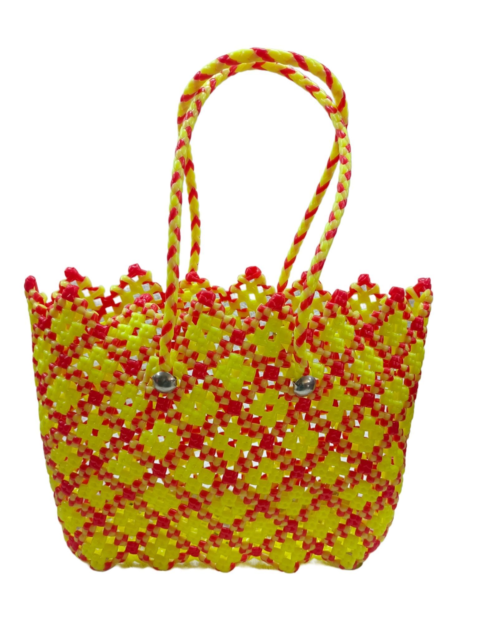Handmade Colorful Beaded Tote Bag with Red and Yellow Checkered Pattern