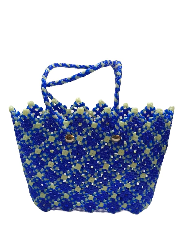 Blue Handwoven Market Tote Bag with Button Closure - Handbags | Buy online on ZillyBuy