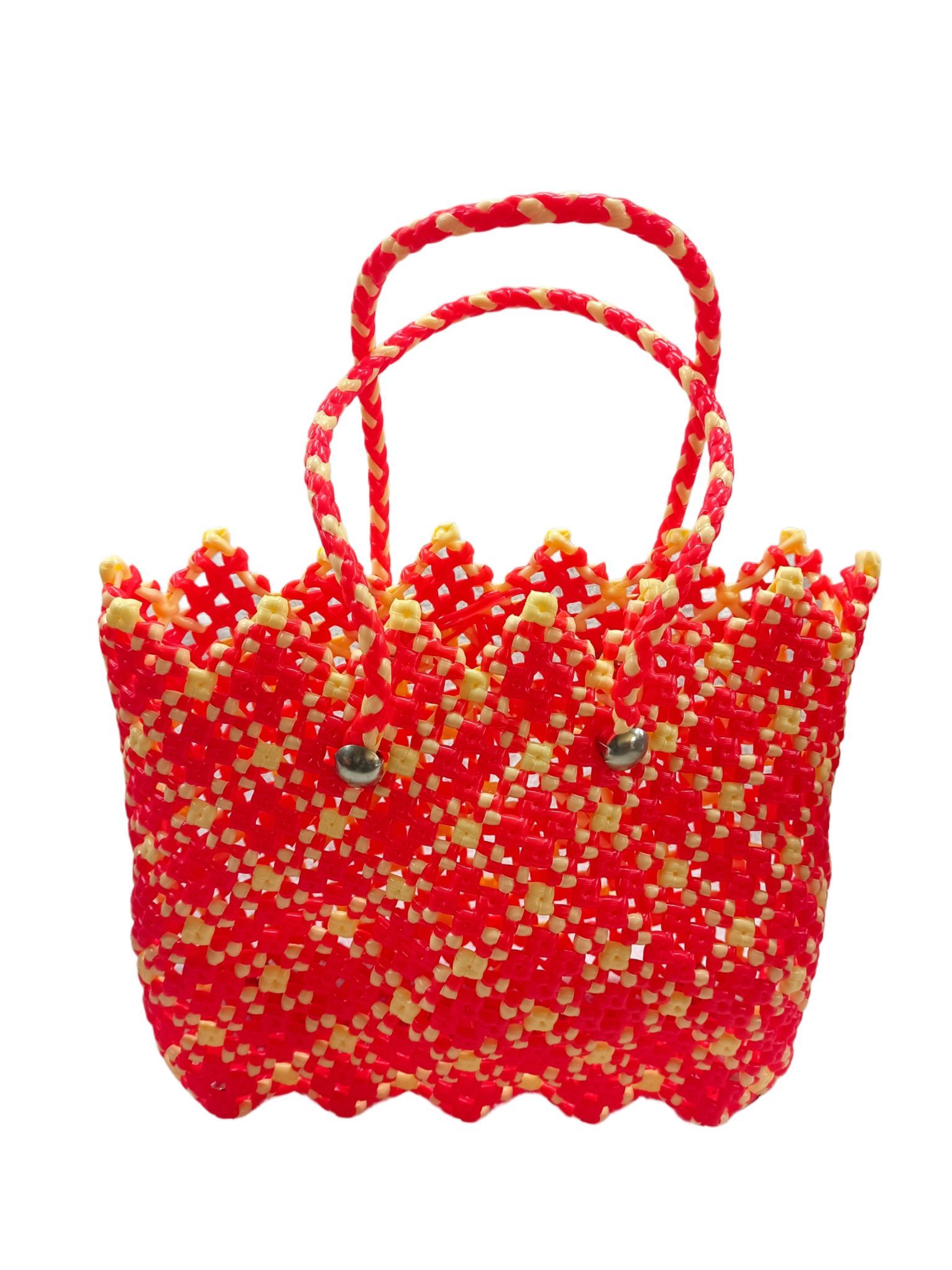 Red and White Handwoven Market Tote Bag with Button Closure