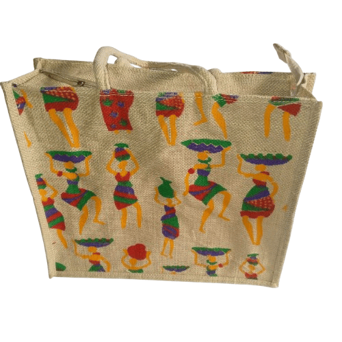 Jute Tote Bag with Colorful Tribal Art Design