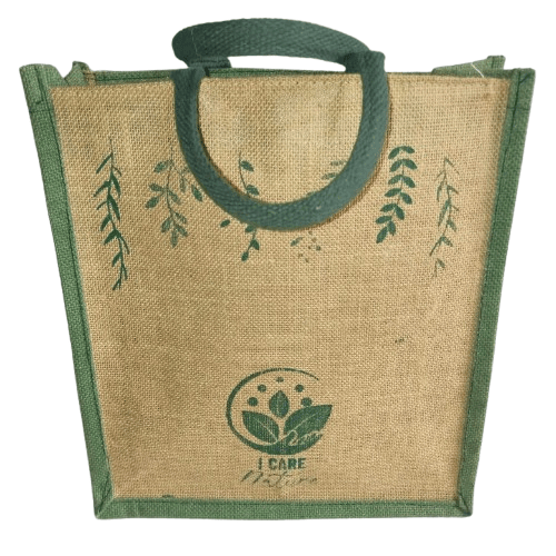 Jute Tote Bag with Green Trim and "I Care" Logo