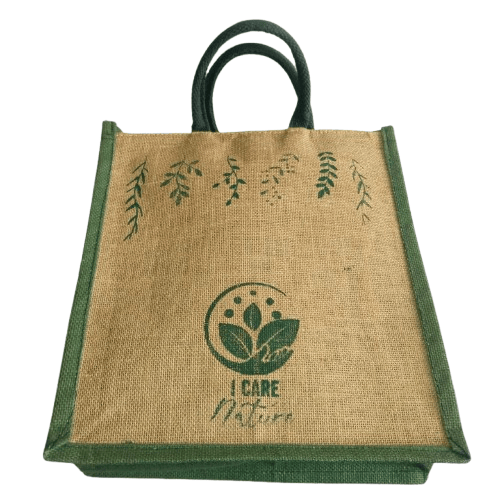 Jute Tote Bag with Green Trim and "I Care" Logo