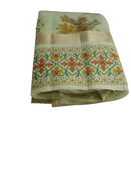 Pista Green Linen Saree With Floral Print and Golden Zari Border - Sarees | Buy online on ZillyBuy
