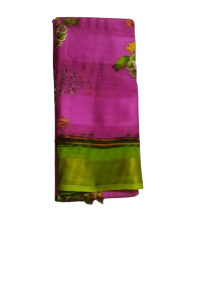 Pink Floral With Green Border Georgette Saree with Blouse Piece - Sarees | Buy online on ZillyBuy