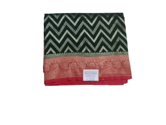 Green and gold zari work banarasi silk saree with red border