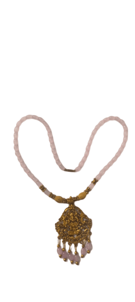 oxidized gold plated pendant set with pink beads mala