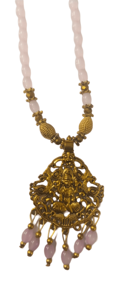 oxidized gold plated pendant set with pink beads mala