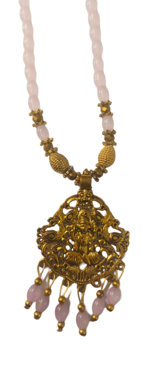 oxidized gold plated pendant set with pink beads mala