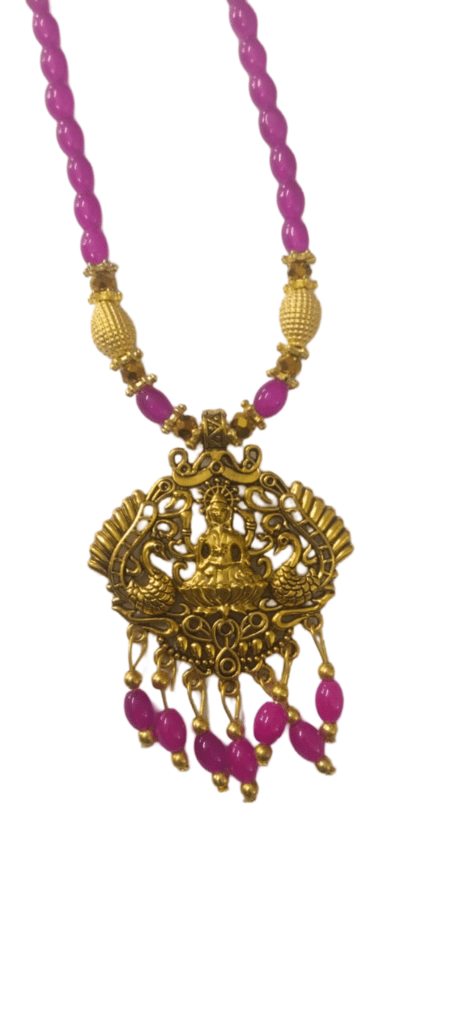oxidized gold plated traditional south indian temple pendant necklace set with pink beads