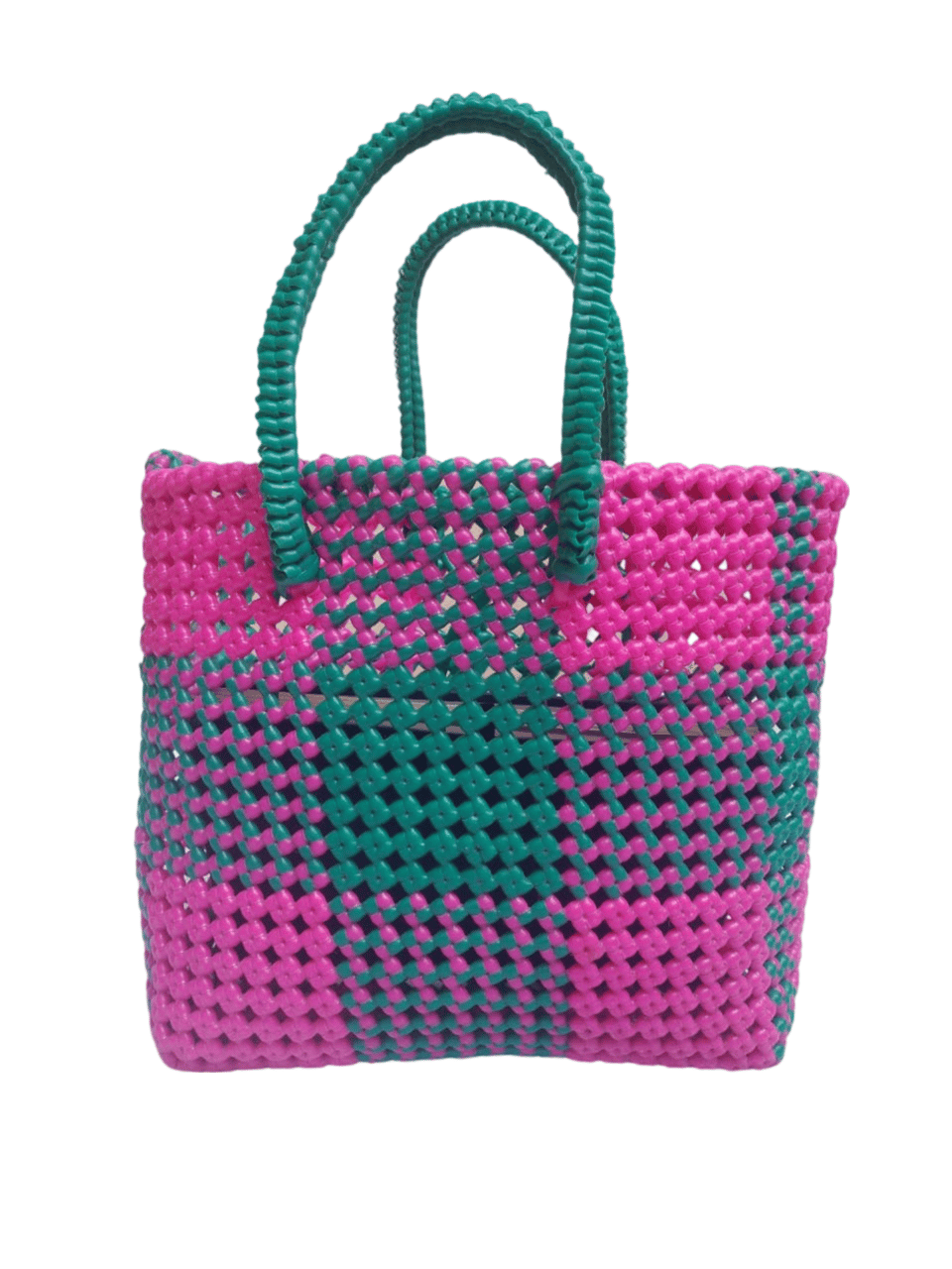 Small Handwoven Market Tote Bag with Bright Pink and Green